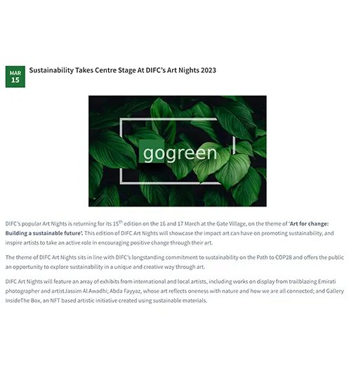 Go Green Magazine clipping, DIFC Art Nights March 2023